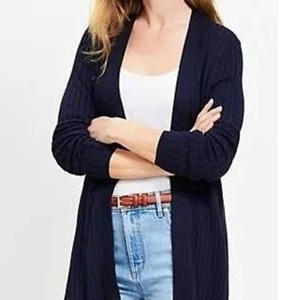 Talbots Classy Casual Ribbed Longline Navy Blue Open Front Pima Cardigan Large - Picture 1 of 8